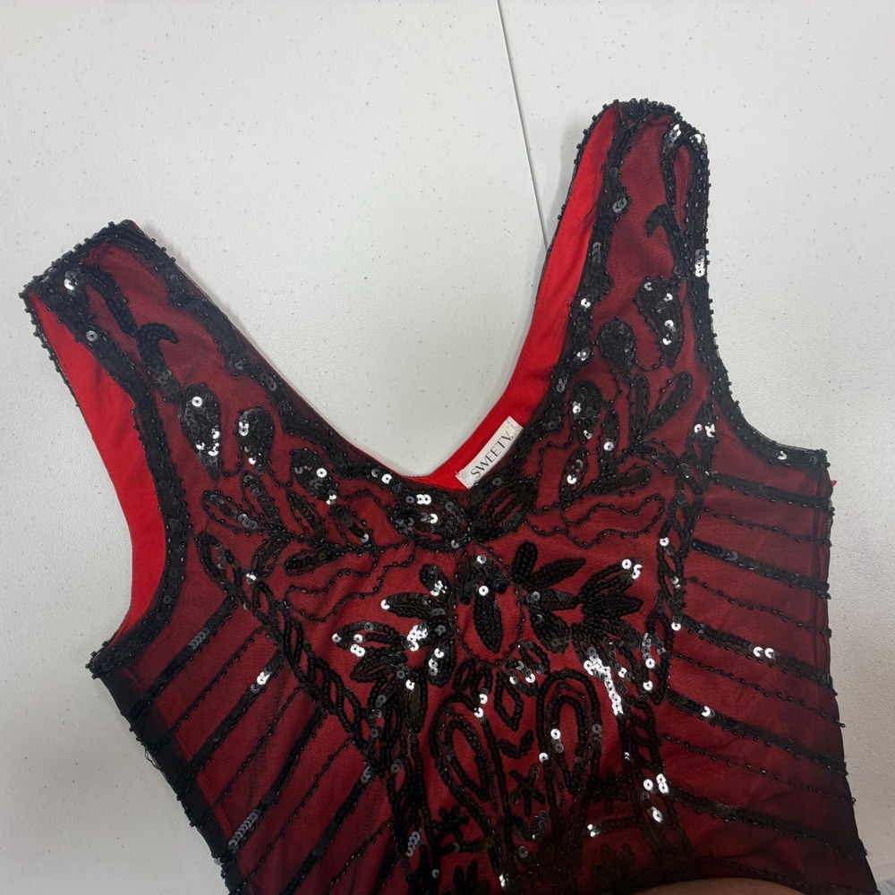 SWEETV Womens 1920s Great Gatsby Flapper Dress Red Black Sequin Fringe Art Deco